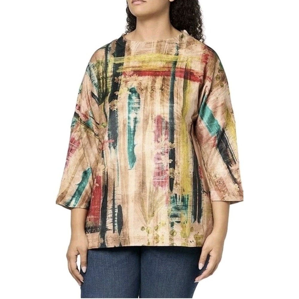 Ali Miles Plus Size 2X Chenille Knit Printed Crew Neck Lagenlook Artsy Soft NWT